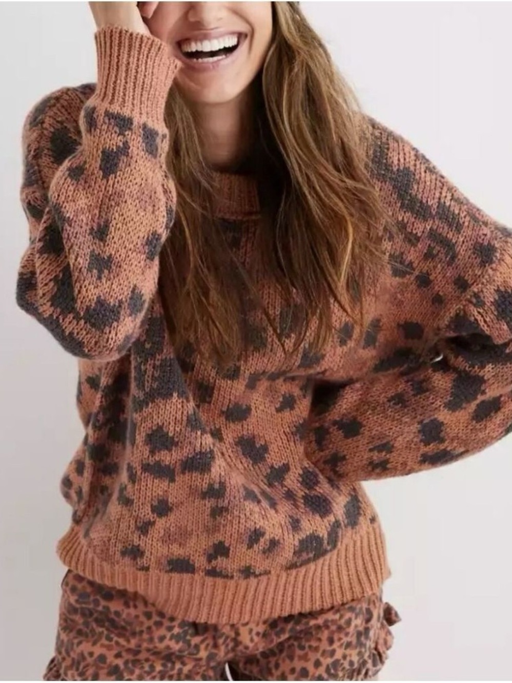 Aerie Oversized Leopard Crewneck Sweater Cheetah Brown Cozy Lounge Y2K Size XS